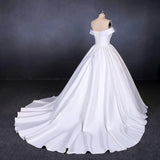 Ball Gown Off the Shoulder White Satin Wedding Dress Simple Cheap Wedding Gowns W1163