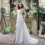 A Line Strapless Sequins Silk Like Satin Split Court Train Wedding Dress With Pearls WH20251