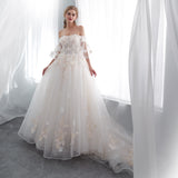 Gorgeous Off The Shoulder Appliques Court Train Wedding Dress With Flowers WH43657