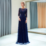 A Line 3/4 Sleeve Beading Sweep Train Prom Dress Party Dress WH96683