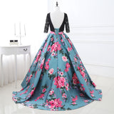 Ball Gown Half Sleeves Floral Satin Court Train Prom Dress Party Dress WH26403