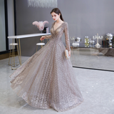 A Line V-Neck Long Sleeve Embroidery Beading Floor Length Tulle Prom Dress WH69448