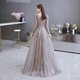 A Line V-Neck Long Sleeve Embroidery Beading Floor Length Tulle Prom Dress WH69448