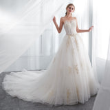 Stunning A Line Strapless Appliques Ivory Lace Wedding Dress With Gold Followers WH50666