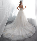 Stunning A Line Strapless Appliques Ivory Lace Wedding Dress With Gold Followers WH50666