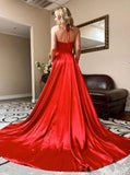 Shiny A Line Halter V-Neck High Slit Red Satin Prom Dress Evening Gowns