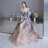 A Line Off The Shoulder Sequins Floor Length Tulle Prom Dress With Belt WH45449