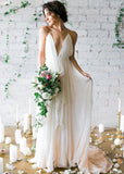 Deep V-Neck Chiffon Straps Beach Wedding Dress PW385