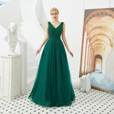 A Line V-Neck Sleeveless Appliques Beading Tulle Floor Length Prom Dress With Lace Up WH53340