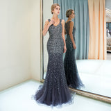 Mermaid V-Neck Sleeveless Beading Sweep Train Prom Dress Party Dress WH94687