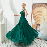 A Line V-Neck Sleeveless Appliques Beading Tulle Floor Length Prom Dress With Lace Up WH53340