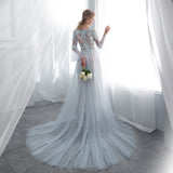 Elegant A Line Long Sleeve Lace Court Train Prom Dress With Flowers WH26652