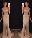 Elegant Round Neck Mermaid Chiffon Beads Long Slit Prom Dress