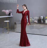 Mermaid V-Neck Long Sleeves Tassels Sequins Floor Length Prom Dress WH24441