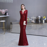 Mermaid V-Neck Long Sleeves Tassels Sequins Floor Length Prom Dress WH24441