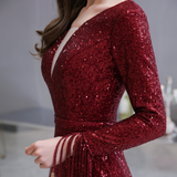 Mermaid V-Neck Long Sleeves Tassels Sequins Floor Length Prom Dress WH24441