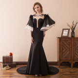 Gorgeous Mermaid See-through Feathers Black Satin Court Train Prom Dress WH26614