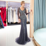 Mermaid V-Neck Long Sleeves Sequins Beading Sweep Train Prom Dress Party Dress WH90692