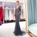 Mermaid V-Neck Long Sleeves Sequins Beading Sweep Train Prom Dress Party Dress WH90692