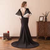 Gorgeous Mermaid See-through Feathers Black Satin Court Train Prom Dress WH26614