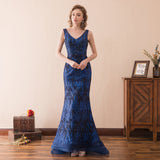 Unique Mermaid V-Neck Beading Navy Blue Organza Prom Dress With Sequins WH28615