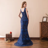 Unique Mermaid V-Neck Beading Navy Blue Organza Prom Dress With Sequins WH28615