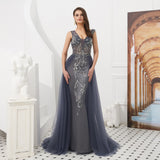 Shiny V-Neck Sleeveless Beading Tulle Sweep Train Prom Dress WH46321