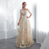 Gorgeous A Line Half Sleeves Appliques Prom Dress With Flower WH30660