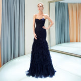 Sheath Strapless Navy Blue Tulle Floor Length Prom Dress WH42694