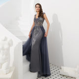 Shiny V-Neck Sleeveless Beading Tulle Sweep Train Prom Dress WH46321