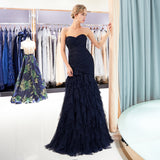 Sheath Strapless Navy Blue Tulle Floor Length Prom Dress WH42694