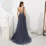 Shiny V-Neck Sleeveless Beading Tulle Sweep Train Prom Dress WH46321