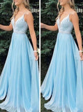 A Line Spaghetti Straps V Neck Light Blue Prom Dresses PD1110