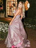 A Line V Neck Lilac Glitter Evening Gown With Pockets PD1113