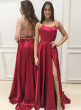 A Line Spaghetti Straps Prom Dresses With High Split PD1115