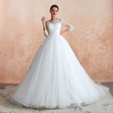 Ball Gown 3/4 Sleeve Appliques Organza Cathedral Train Wedding Dress WH37365