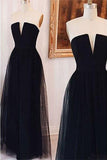 Black Strapless Floor Length Tulle Prom Dresses