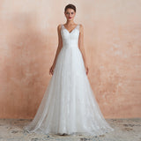 A Line V-Neck Sleeveless Appliques Sweep Train Wedding Dress WH31370