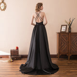 Elegant A Line V-Neck Black Satin Sleeveless Court Train Prom Dress WH22613