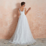 A Line V-Neck Sleeveless Appliques Sweep Train Wedding Dress WH31370