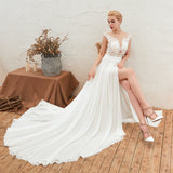 A Line Appliques Split Cap Sleeves Court Train Silk Prom Dresses Wedding Dresses