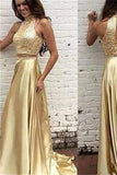 Gold Two Pieces High Neck Sparkly Evening Party Prom Dress