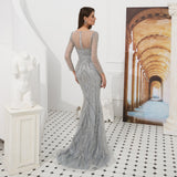 Elegant Mermaid V-Neck Long Sleeve Beads Grey Tulle Prom Dress WH92309