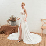 A Line Appliques Split Cap Sleeves Court Train Silk Prom Dresses Wedding Dresses