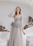 A Line V-Neck Long Sleeve Beading Tulle Court Train Prom Dress Party Dress WH661014