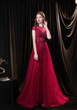 Elegant A Line Cap Sleeve Beading Tulle Sweep Train Prom Dress Party Dress WH691023