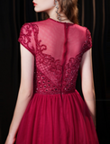 Elegant A Line Cap Sleeve Beading Tulle Sweep Train Prom Dress Party Dress WH691023