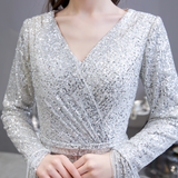 Mermaid V-Neck Long Sleeves Tassels Sequins Floor Length Prom Dress WH24441