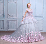 Scoop Ball Gown Gray Tulle Sleeveless Bowknot Empire Waist Wedding Dress with Pink Flowers PM576