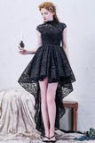 A-line High Neck Tulle Asymmetrical Lace Black Open Back High Low Modern Prom Dresses uk PM778